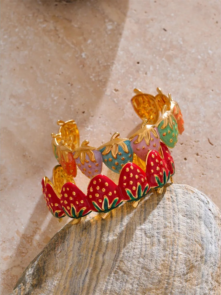 Red colorful enamel strawberry open cuff bracelet - product image