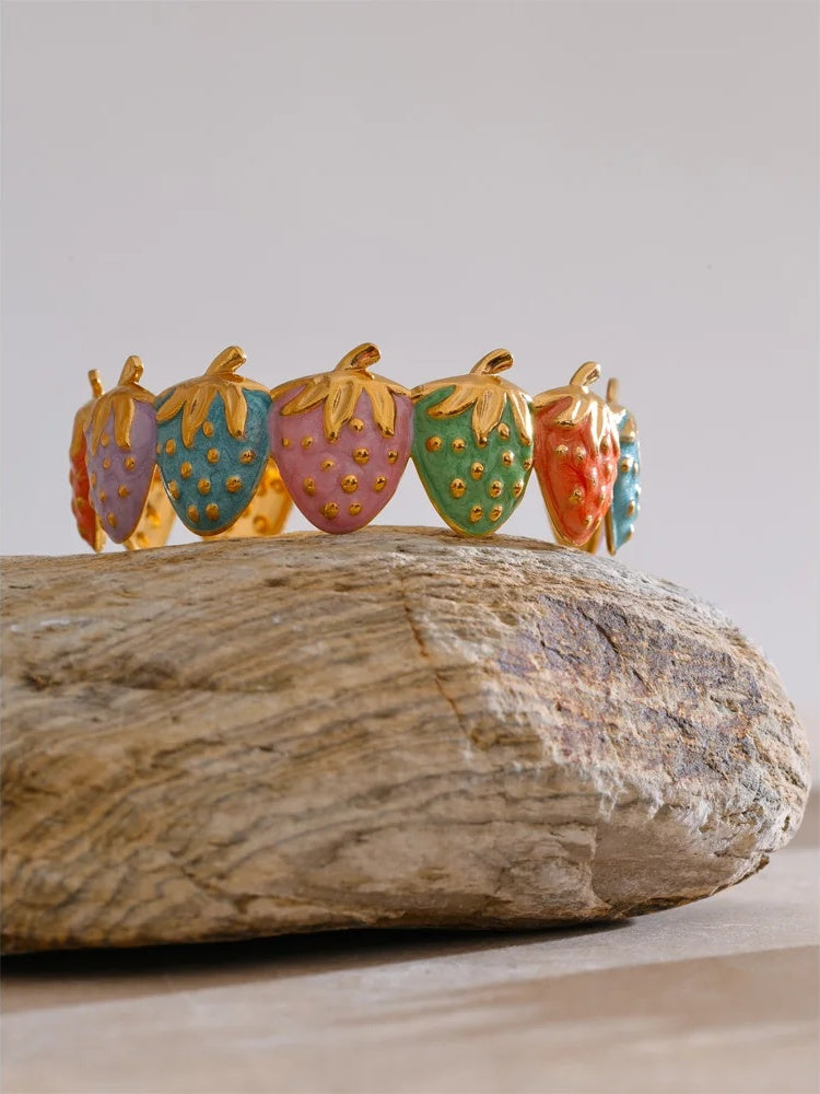Red colorful enamel strawberry open cuff bracelet - product image