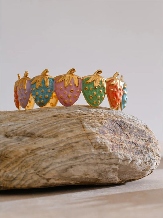 Red colorful enamel strawberry open cuff bracelet - product image