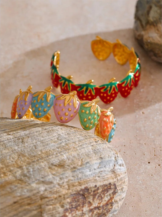 Red colorful enamel strawberry open cuff bracelet - product image