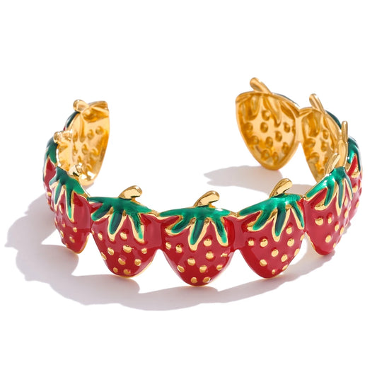 Red colorful enamel strawberry open cuff bracelet - product image