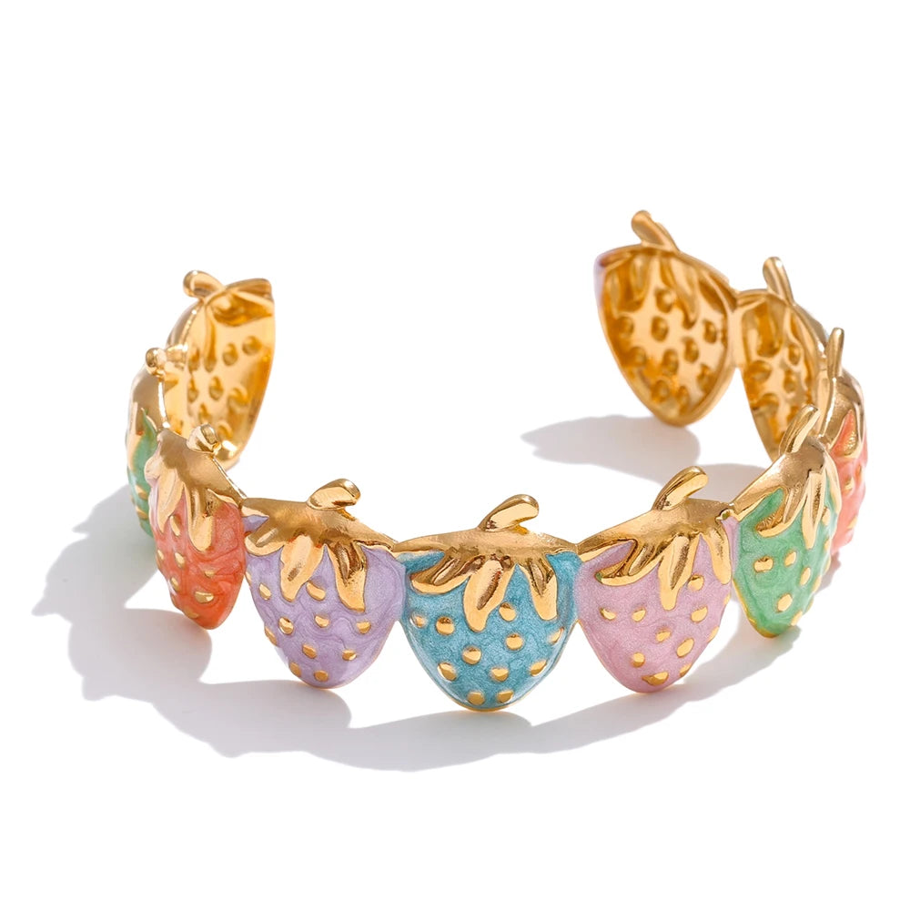 Red colorful enamel strawberry open cuff bracelet - product image