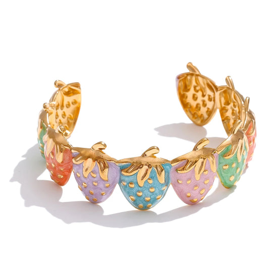 Red colorful enamel strawberry open cuff bracelet - product image