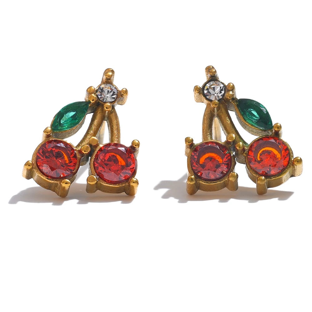 Red cubic zirconia cherry stud earrings women - product image