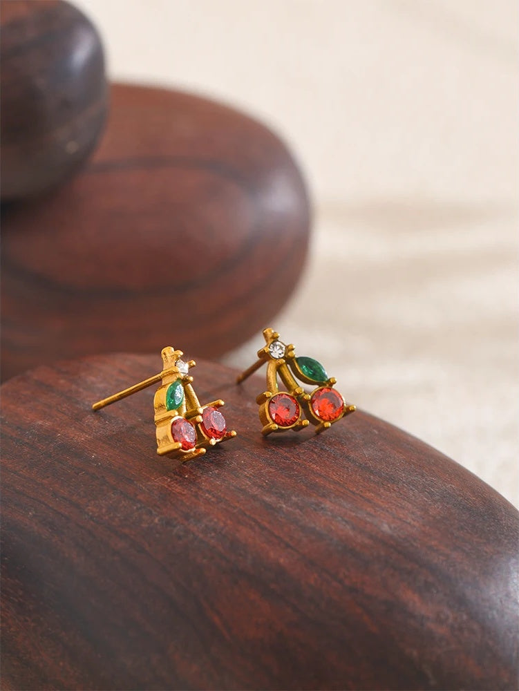 Red cubic zirconia cherry stud earrings women - product image