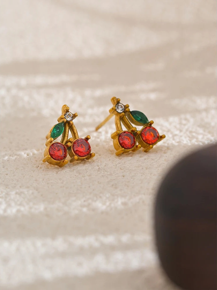 Red cubic zirconia cherry stud earrings women - product image