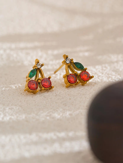 Red cubic zirconia cherry stud earrings women - product image