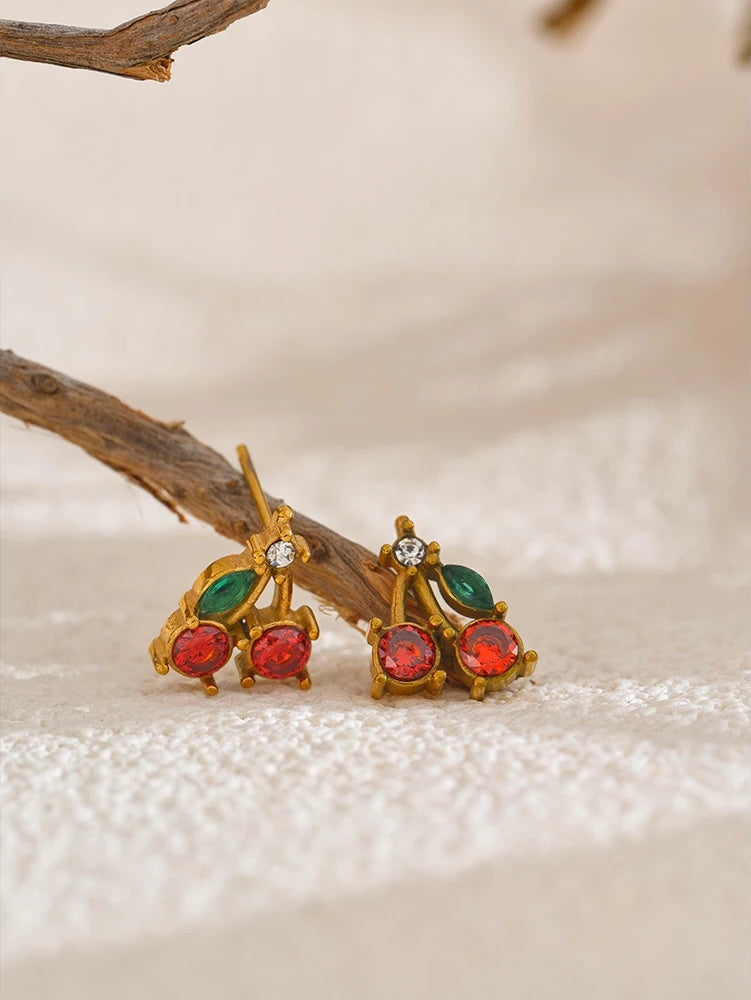 Red cubic zirconia cherry stud earrings women - product image