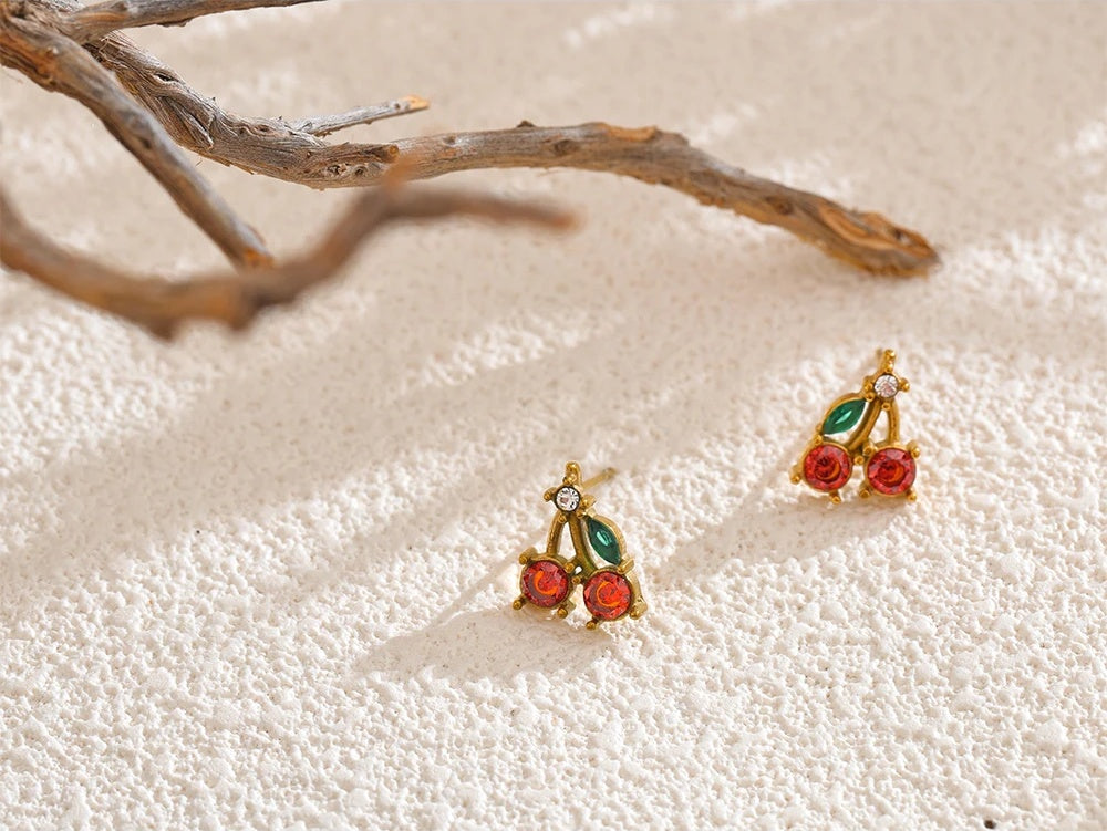 Red cubic zirconia cherry stud earrings women - product image