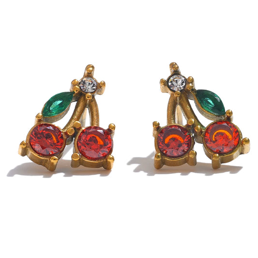 Red cubic zirconia cherry stud earrings women - product image