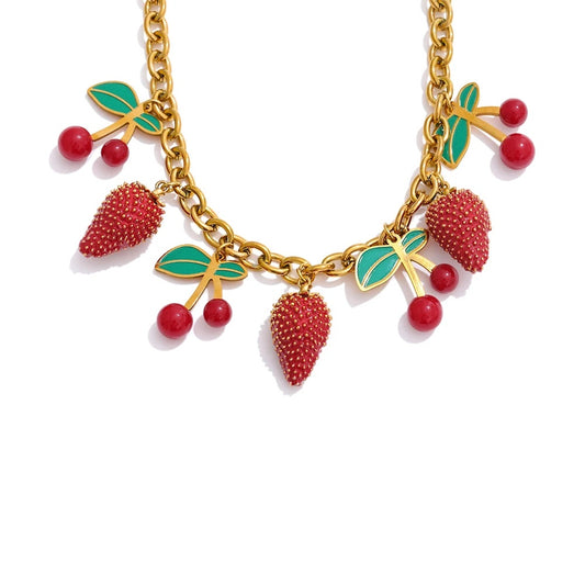 Red enamel acrylic cherry strawberry drop necklace - product image