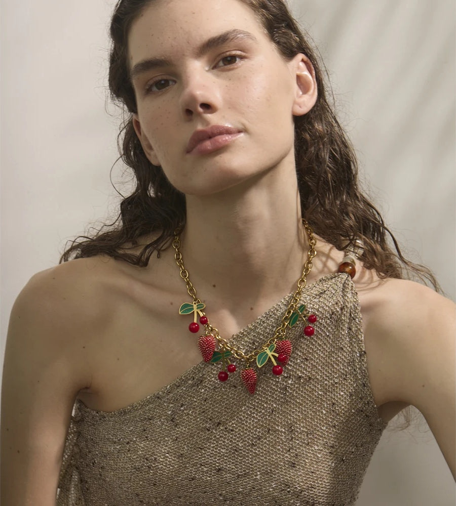 Red enamel acrylic cherry strawberry drop necklace - product image