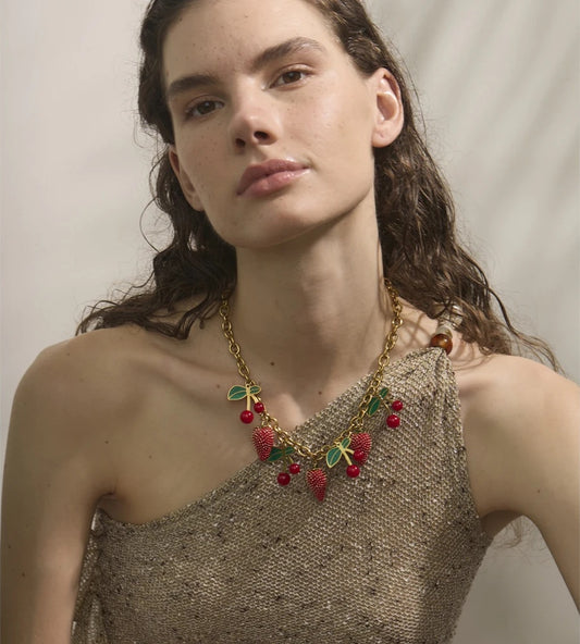 Red enamel acrylic cherry strawberry drop necklace - product image