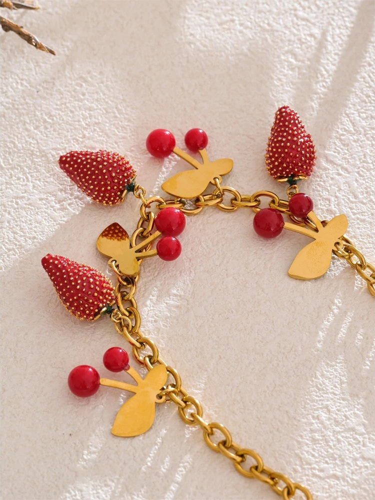 Red enamel acrylic cherry strawberry drop necklace - product image