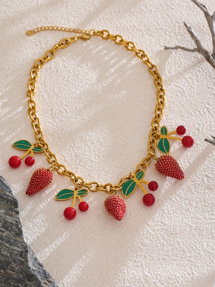 Red enamel acrylic cherry strawberry drop necklace - product image