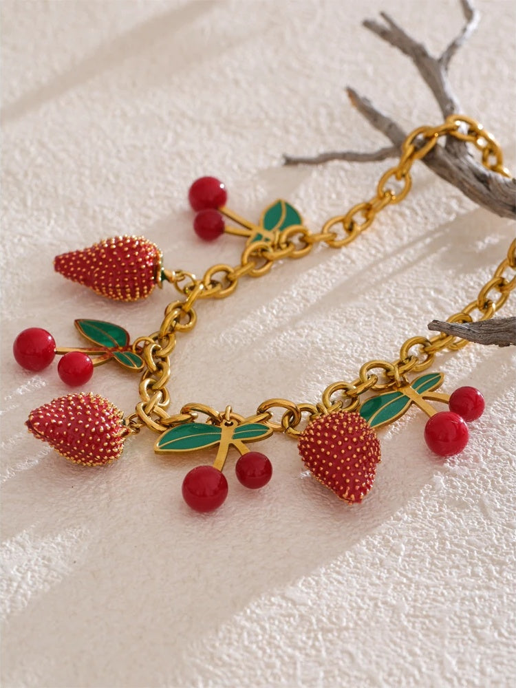 Red enamel acrylic cherry strawberry drop necklace - product image