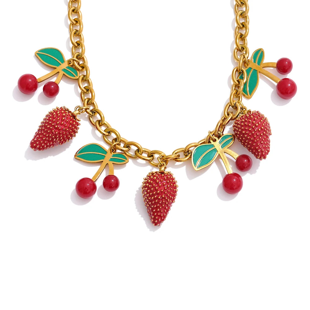 Red enamel acrylic cherry strawberry drop necklace - product image