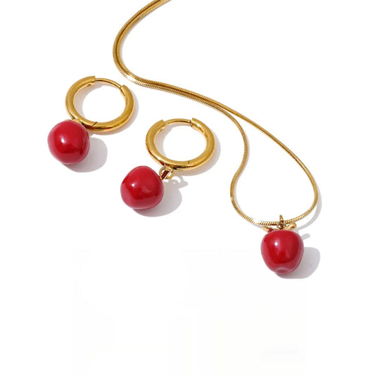 Red enamel apple necklace earrings set - product image