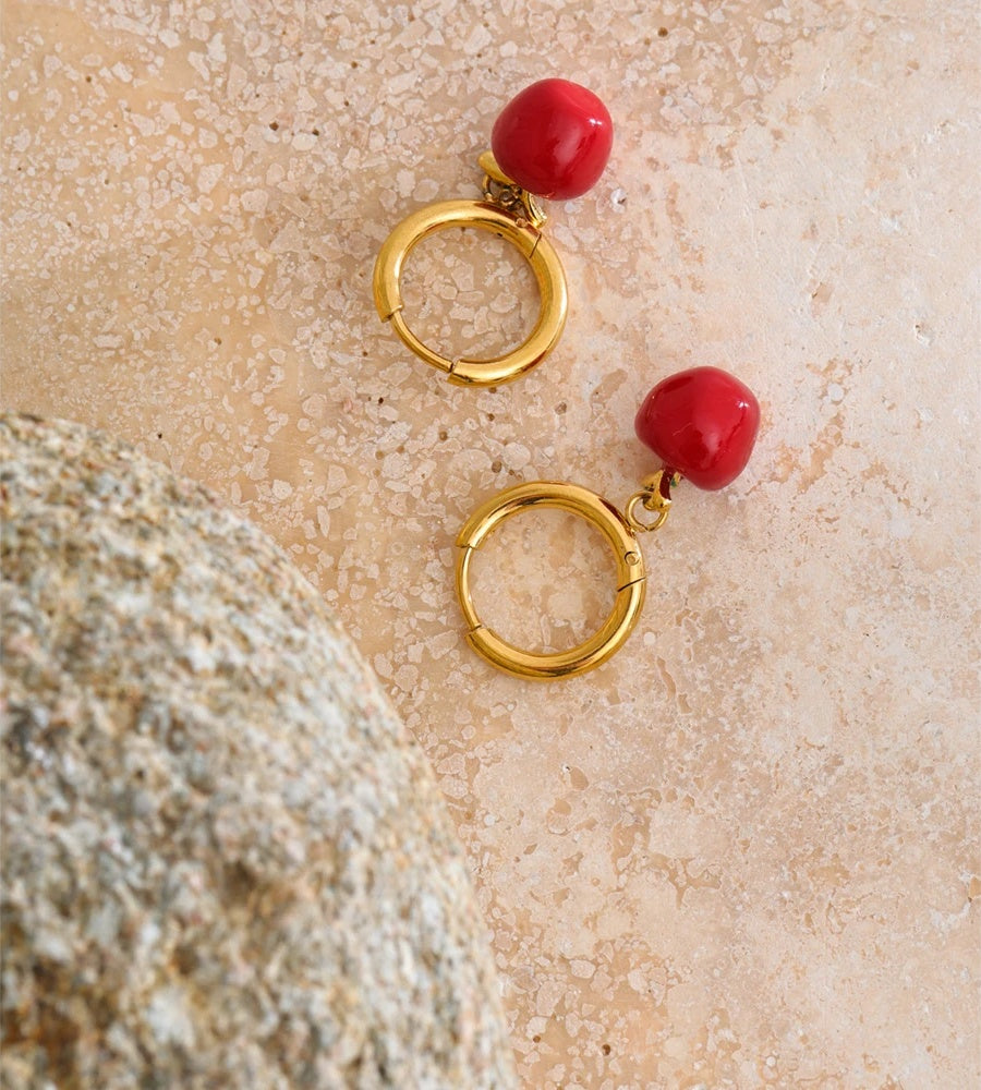 Red enamel apple necklace earrings set - product image