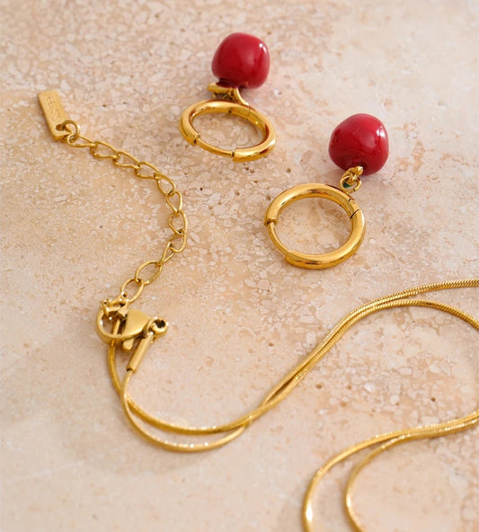 Red enamel apple necklace earrings set - product image