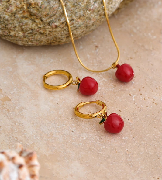 Red enamel apple necklace earrings set - product image