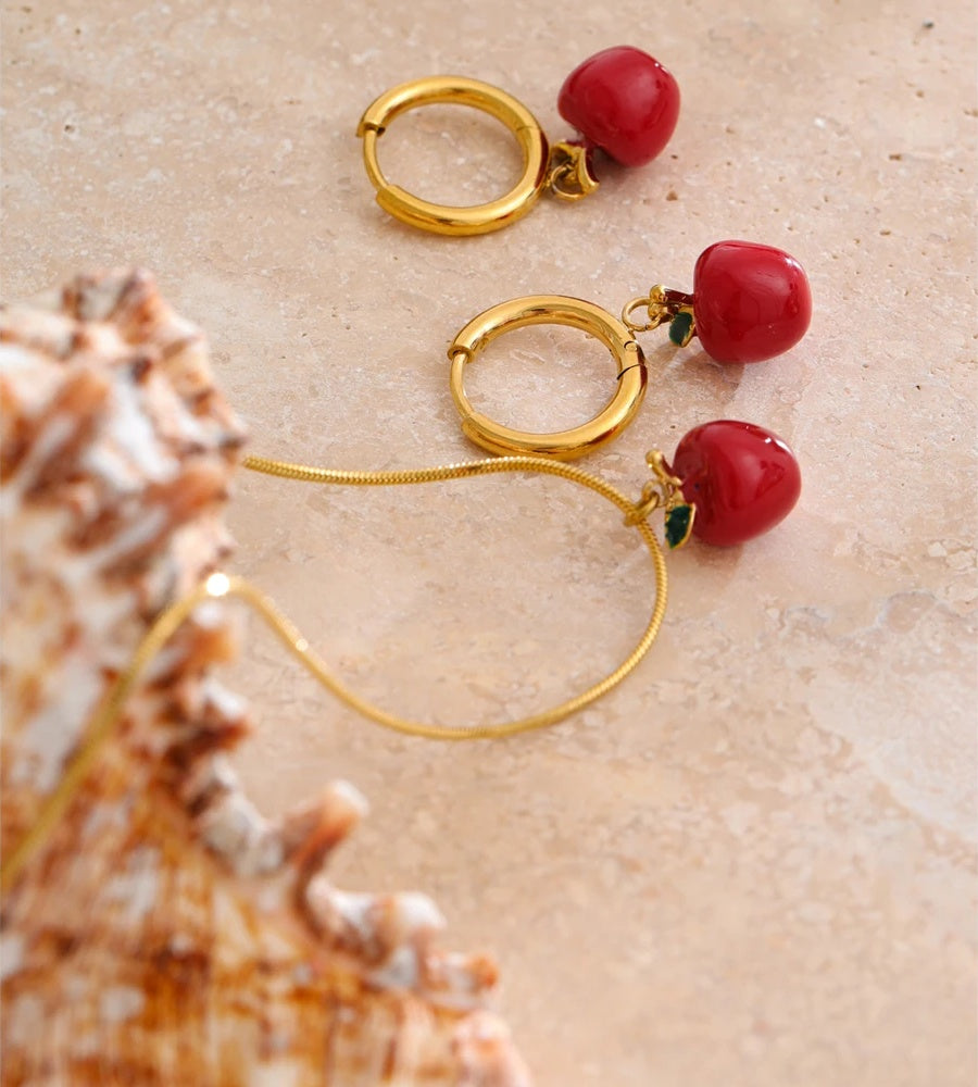 Red enamel apple necklace earrings set - product image