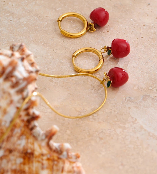 Red enamel apple necklace earrings set - product image