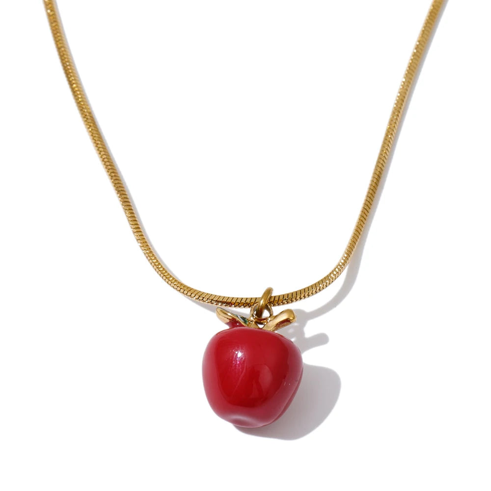 Red enamel apple necklace earrings set - product image