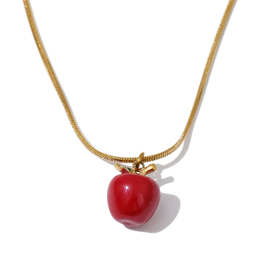 Red enamel apple necklace earrings set - product image