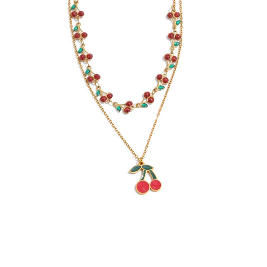 Red enamel fruit cherry pendant necklace - product image
