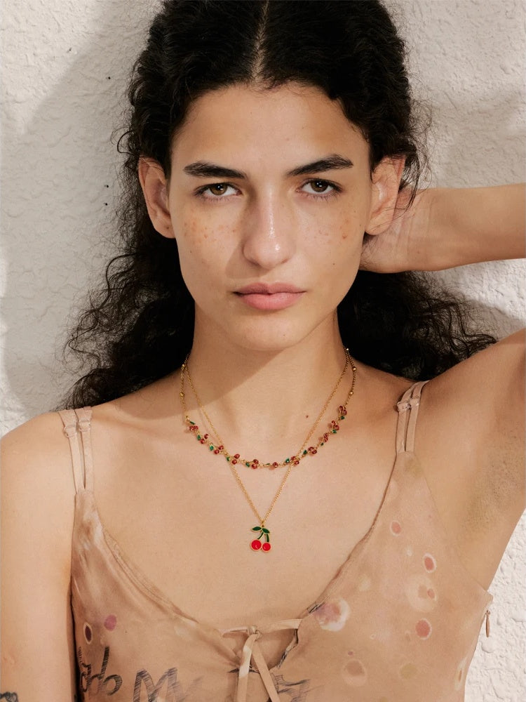 Red enamel fruit cherry pendant necklace - product image