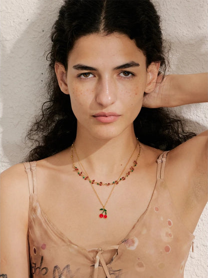 Red enamel fruit cherry pendant necklace - product image