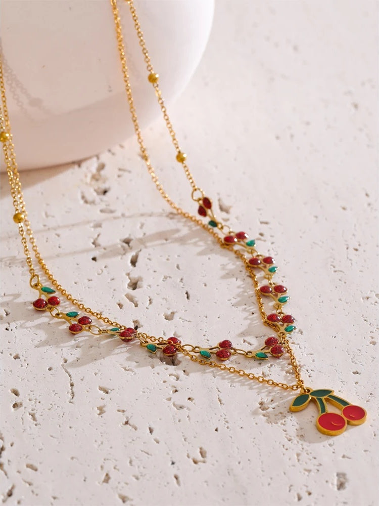 Red enamel fruit cherry pendant necklace - product image