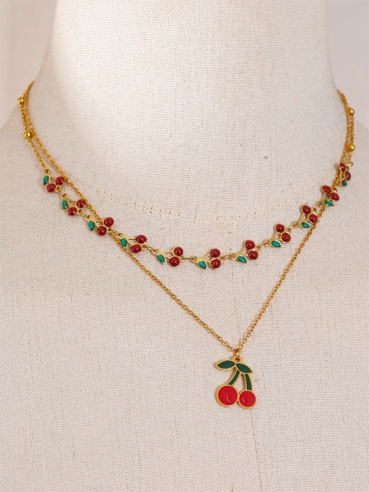 Red enamel fruit cherry pendant necklace - product image