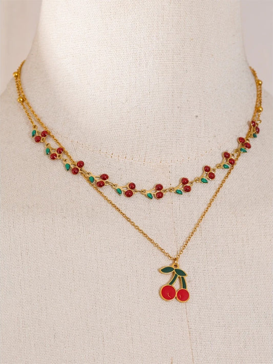 Red enamel fruit cherry pendant necklace - product image