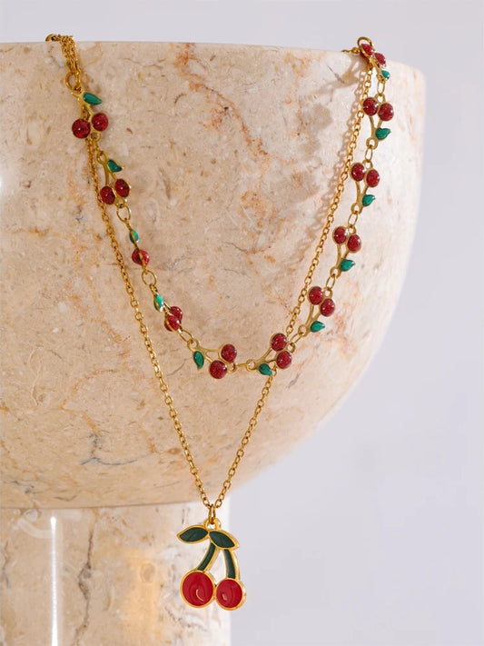 Red enamel fruit cherry pendant necklace - product image