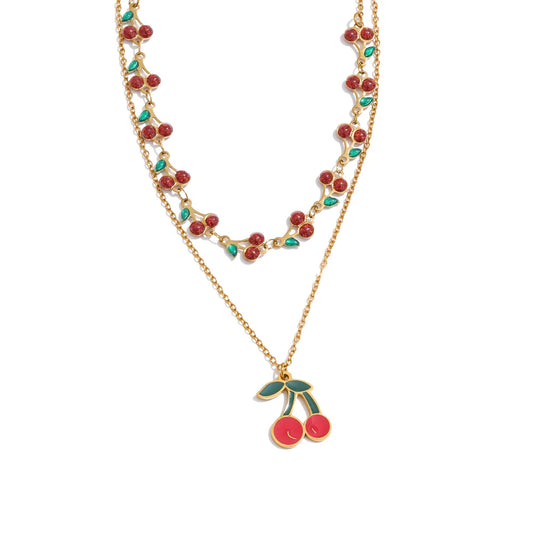 Red enamel fruit cherry pendant necklace - product image