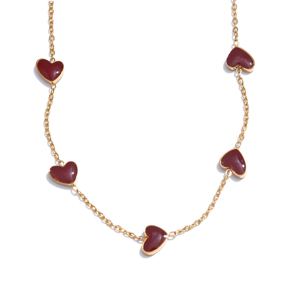 Red enamel heart love chain necklace - product image