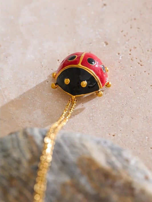 Red enamel ladybird insect pendant necklace - product image