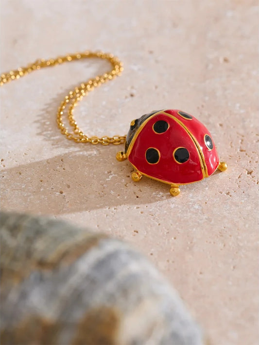 Red enamel ladybird insect pendant necklace - product image