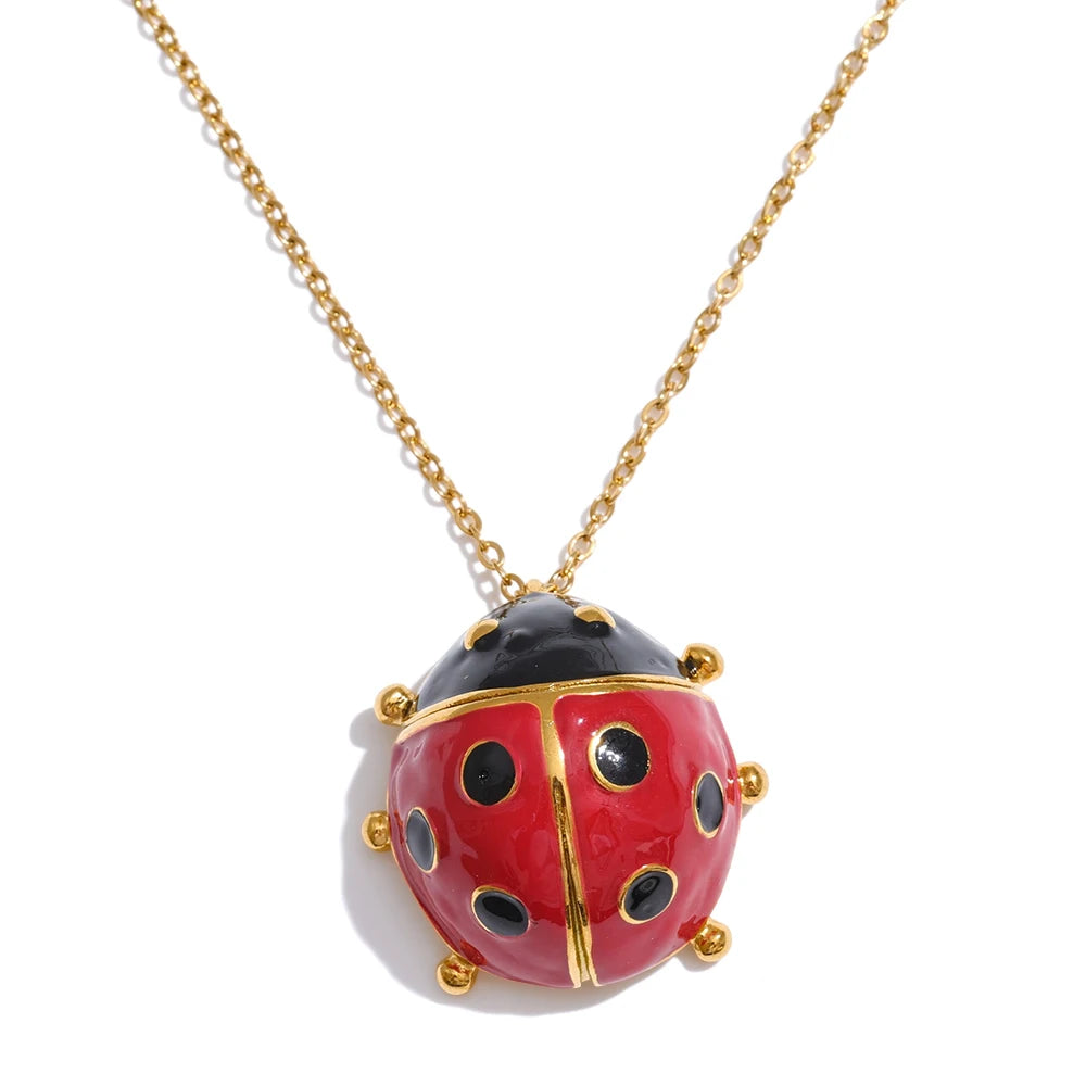 Red enamel ladybird insect pendant necklace - product image