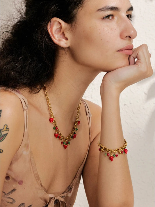 Red enamel strawberry necklace bracelet set - product image