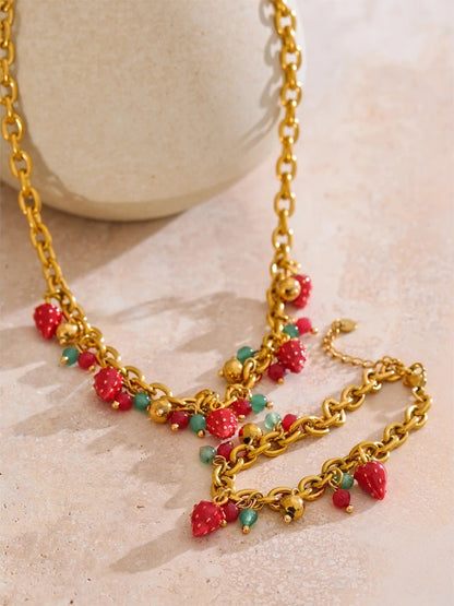 Red enamel strawberry necklace bracelet set - product image