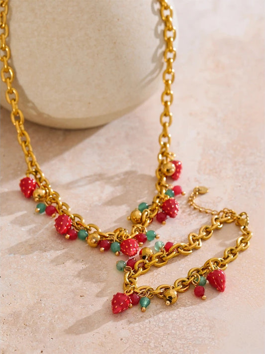 Red enamel strawberry necklace bracelet set - product image