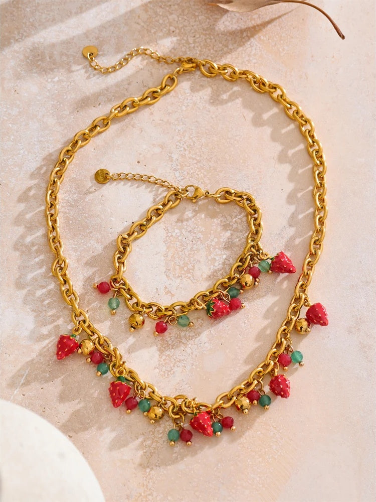 Red enamel strawberry necklace bracelet set - product image