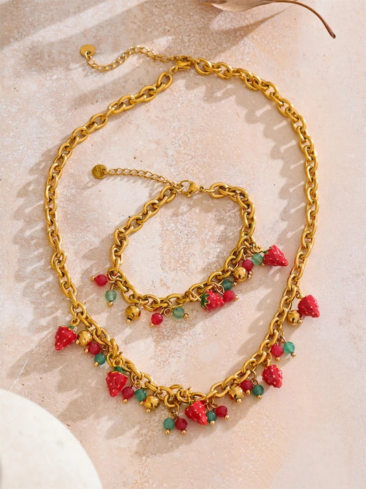 Red enamel strawberry necklace bracelet set - product image