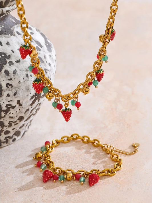 Red enamel strawberry necklace bracelet set - product image