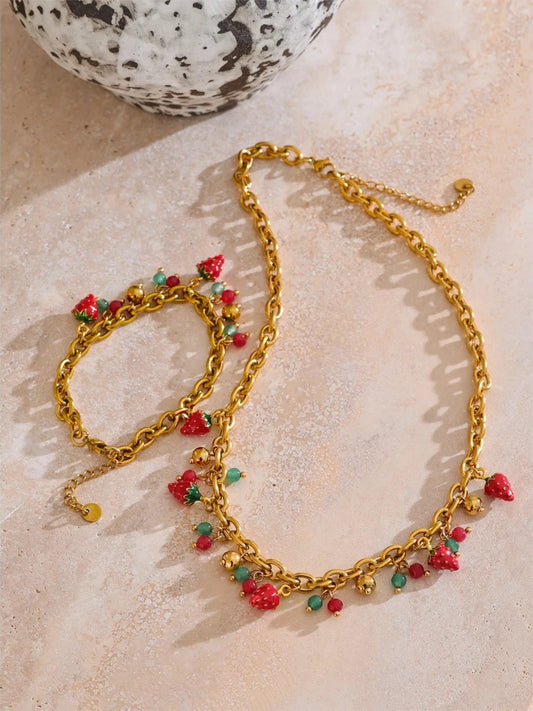 Red enamel strawberry necklace bracelet set - product image