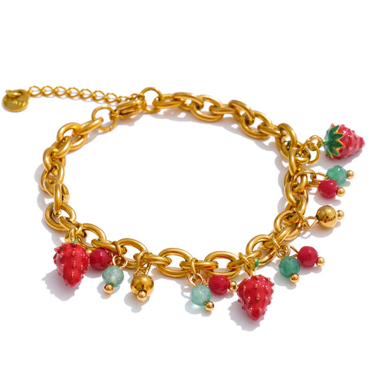 Red enamel strawberry necklace bracelet set - product image
