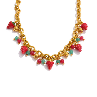 Red enamel strawberry necklace bracelet set - product image